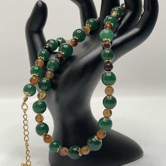 Emerald Green Gemstone Brown Agate Gemstone Beaded Necklace Gold Tone Boho - Picture 3 of 8